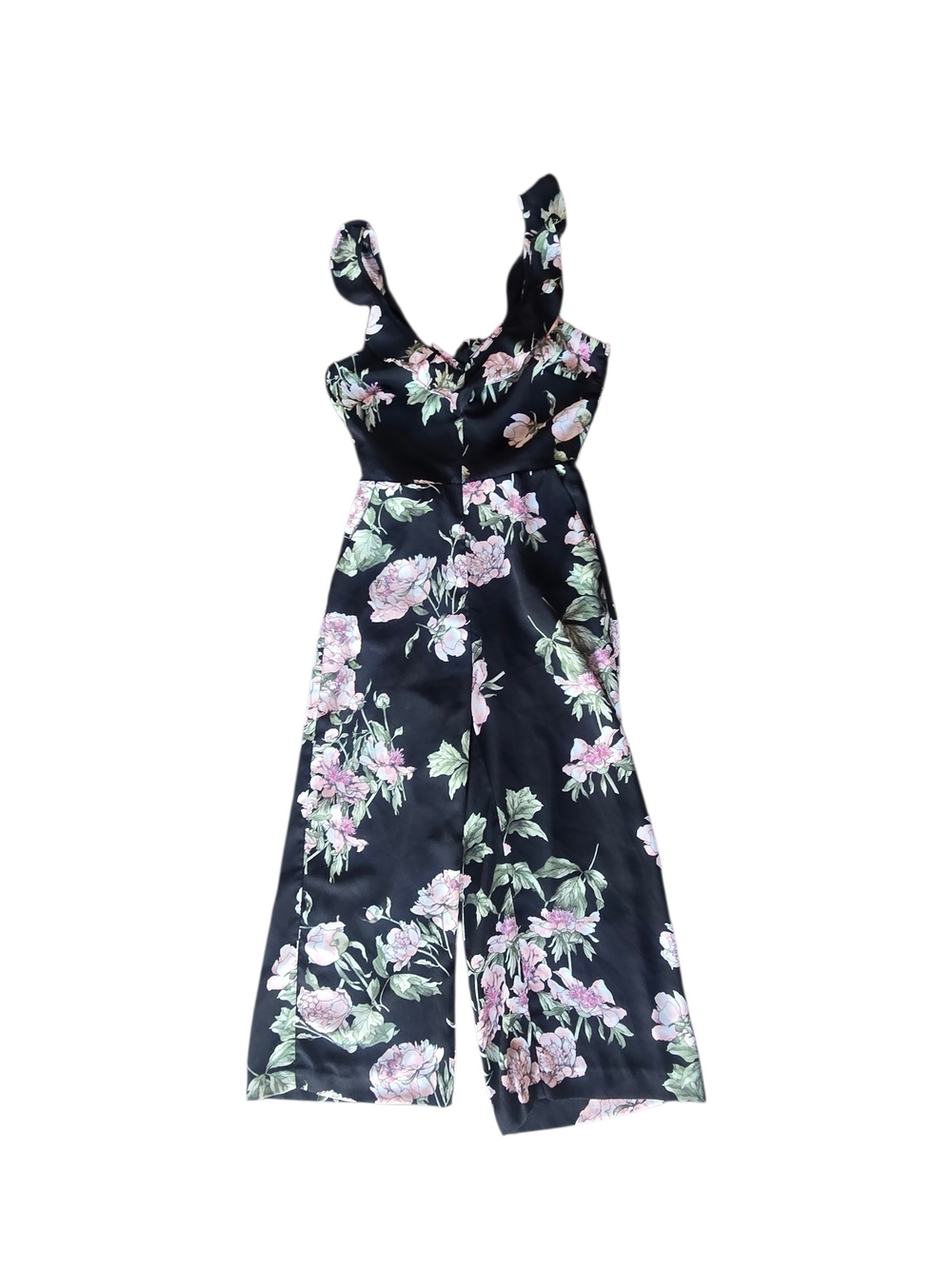 River Island Satin Black Pink Floral Ruffle Culotte Jumpsuit Wide Leg Cropped